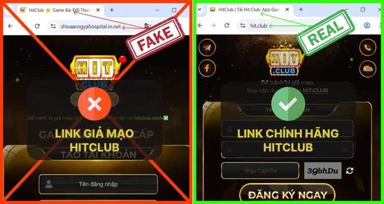 Khi so sánh trực tiếp, logo và trang chủ thật tạo cảm giác chuyên nghiệp, trong khi bản giả trông tạm bợ và thiếu tin cậy.
